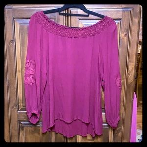 Burgundy long slv off the shoulder blouse size L